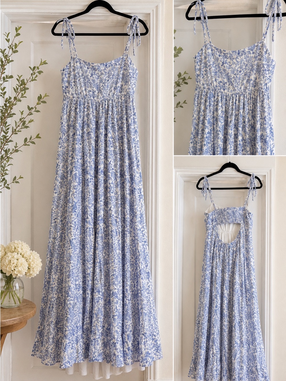 Source Unknown Blue and White Floral Tie-Strap Keyhole Back Maxi Dress
